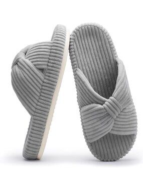 Women's Grey Memory Foam House Corduroy Bow Crossbands Comfy Soft Slipper Shoes